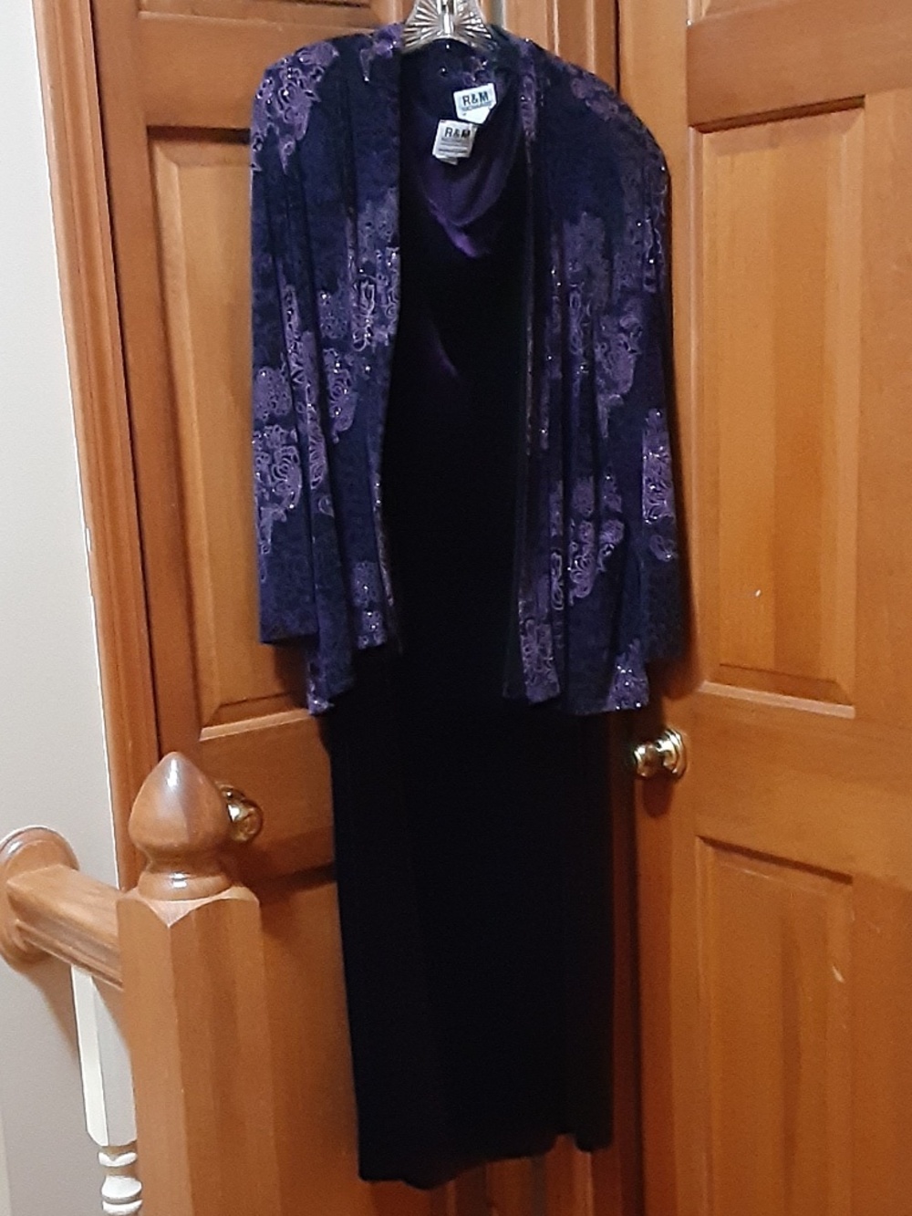 R & M Richards Women's Petite Purple Velvet Maxi Dress with Sparkly Jacket Set